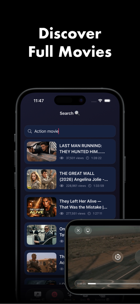 MovieBox - Movies box AI - MovieBox app interface showing search results for action movies and a video player overlay