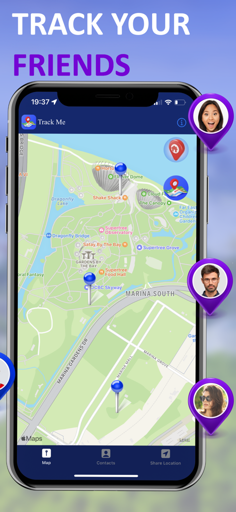 Track Me - GPS Live Tracking - Track Me app interface displaying live GPS locations of friends and family on a detailed map