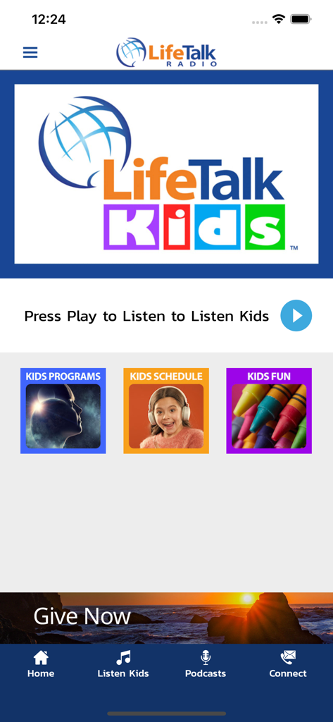 Lifetalk Radio - LifeTalk Kids radio app interface showing children's programs and schedule