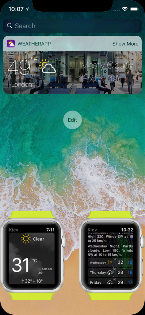 Weather  ٞ . - iPhone screen showing a weather widget and two Apple Watches with weather forecasts