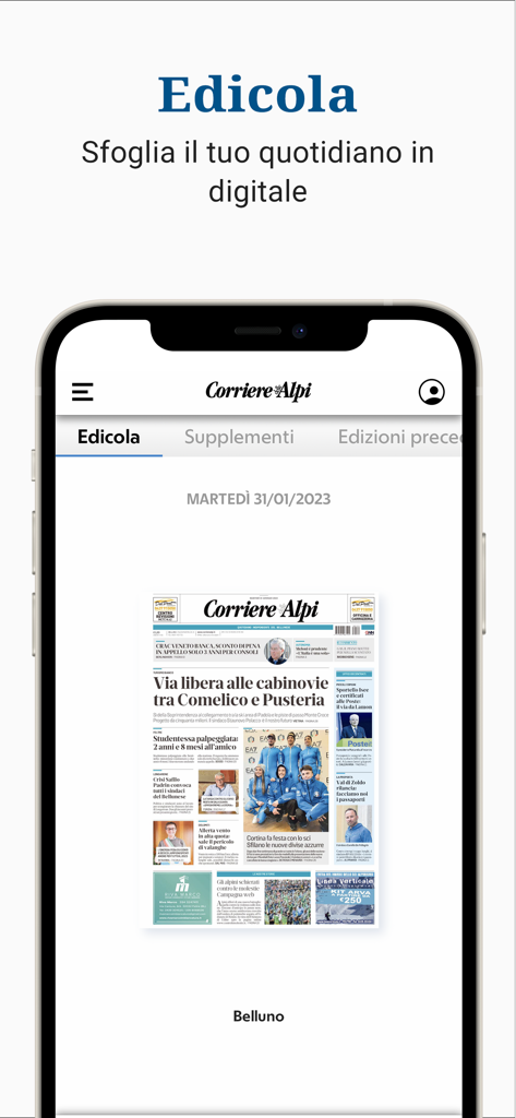 Interfaz del quiosco digital de la aplicación Corriere delle Alpi mostrando la portada del periódico de Belluno