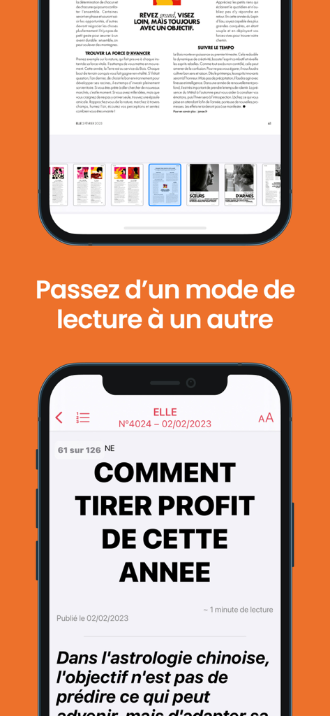 Zwei Handy-Bildschirme, die die MyViapresse App zeigen und verschiedene Lesemodi für einen Magazinartikel darstellen
