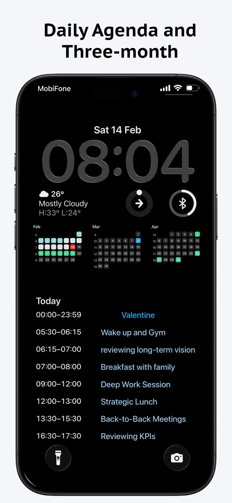 LockScreen Calendar Maker - iPhone lock screen displaying a daily agenda with time-blocked tasks and a three-month calendar overview on a dark minimalist background.