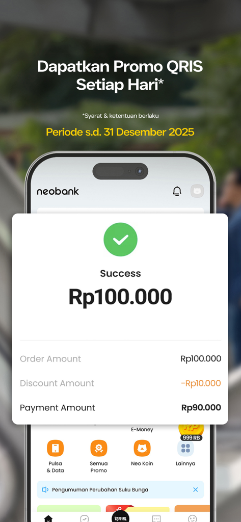 Successful QRIS payment transaction screen on neobank app showing an applied discount.