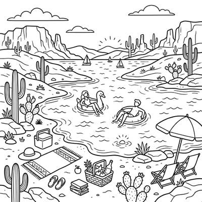 Immerse yourself in the tranquility of a desert lake on a sunny summer day, complete with floating fun and a delightful picnic setup. This engaging coloring page offers a unique blend of arid beauty and refreshing aquatic leisure, perfect for a relaxing creative escape.