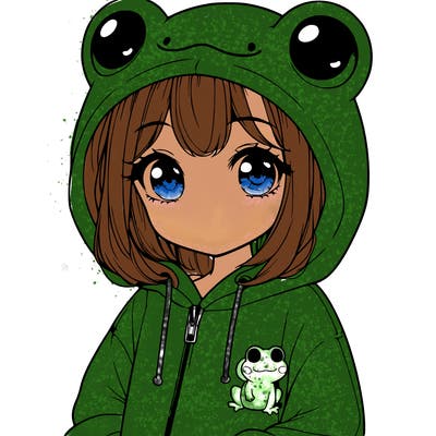 cute realistic girl in a froggy hoodie