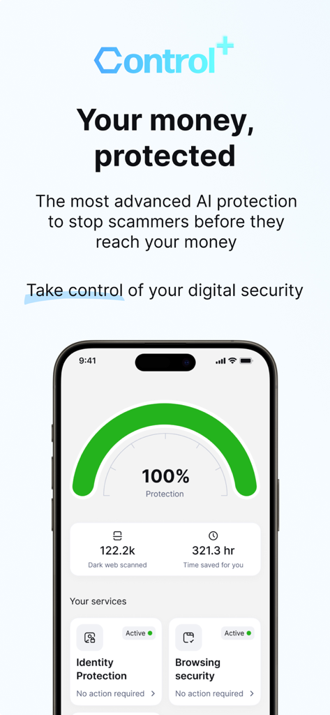 Control Plus 모바일 앱 인터페이스에 100% 보호 게이지와 활성 보안 서비스가 표시됩니다.