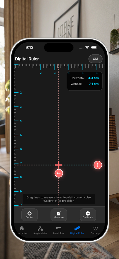 A digital ruler interface on an iPhone screen displaying horizontal and vertical measurements in centimeters.