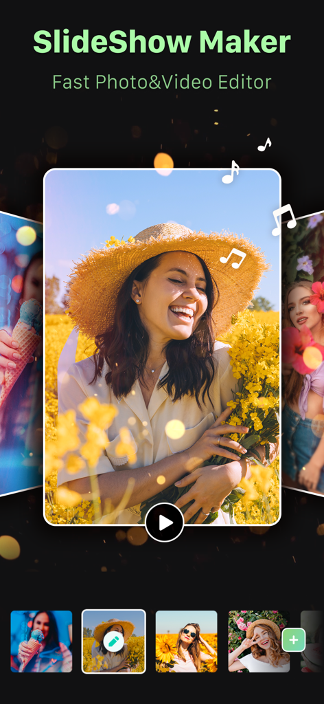 Fotoshow: Photo to video maker - A mobile interface for the Fotoshow app displaying a photo slideshow with music notes and image previews