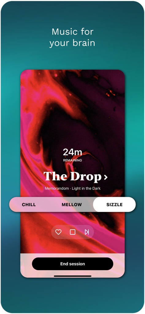 Focus@Will: Control Your ADD - Focus at Will app screen showing a music session with a timer and intensity settings