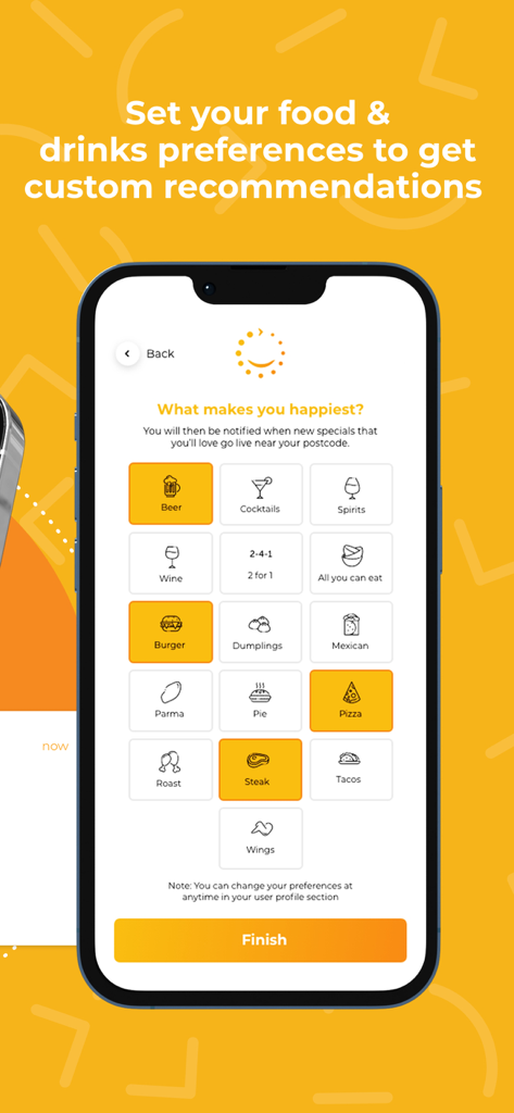 The Happiest Hour - The Happiest Hour app screen for choosing food and drink preferences