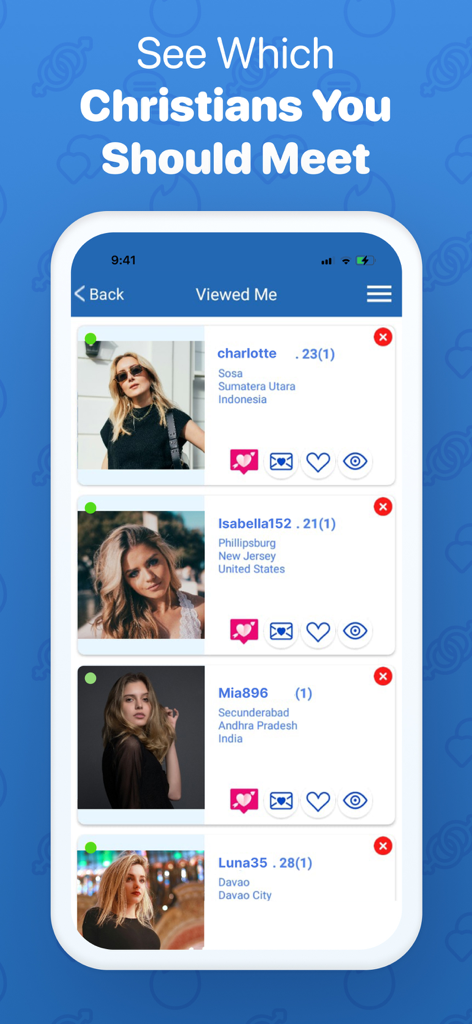 Screenshot of the Viewed Me feature in the CDFF Christian Dating app showing several user profiles.