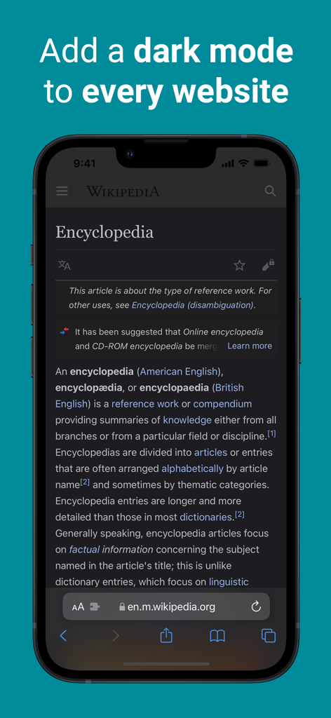 Dark Mode for Safari: NightEye - iPhone showing Wikipedia in dark mode using the NightEye Safari extension