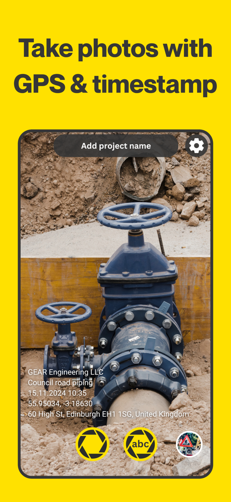 Conota Camera app interface showing a photo of a construction site with GPS and timestamp watermark