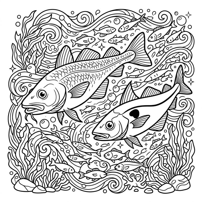 Explore the dynamic underwater world with this captivating coloring page featuring magnificent cod and haddock. Designed for teens, it offers a detailed marine scene filled with intricate ocean patterns and schooling fish.