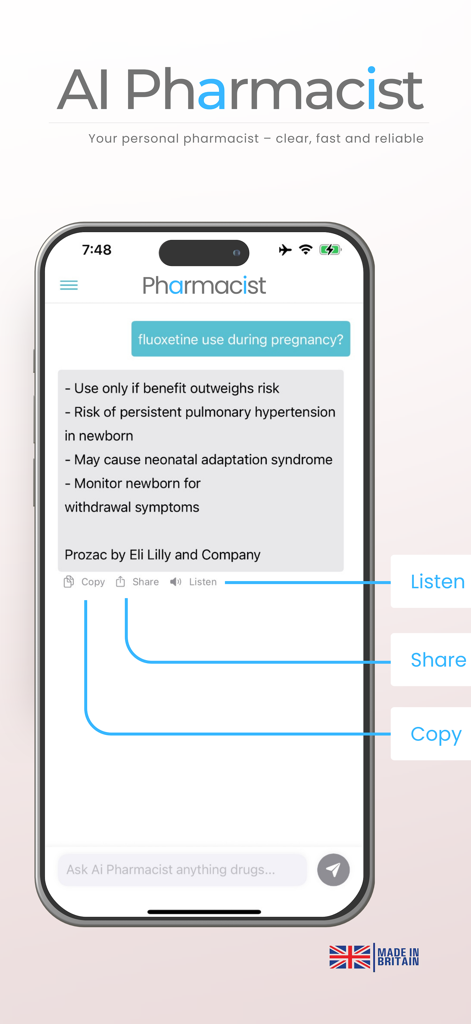 AI Pharmacist - AIファーマシストアプリのインターフェース。フルオキセチンを妊娠中に使用した場合の医学情報が表示され、応答を聞く、共有する、コピーする機能があります。