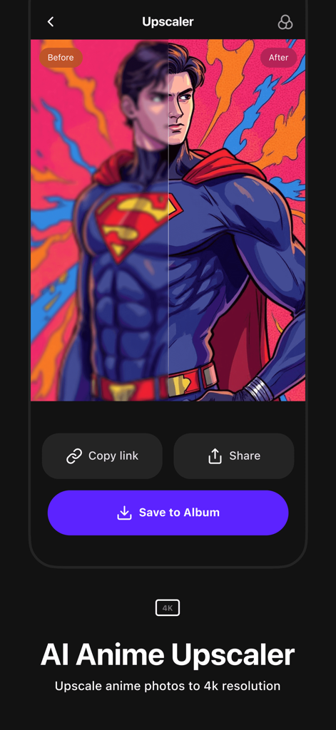PhotoAI - AI Photo Enhancer - Vergleich von Vorher und Nachher einer Superhelden-Illustration, die mit dem KI-Anime-Upscaler auf 4K-Auflösung verbessert wurde