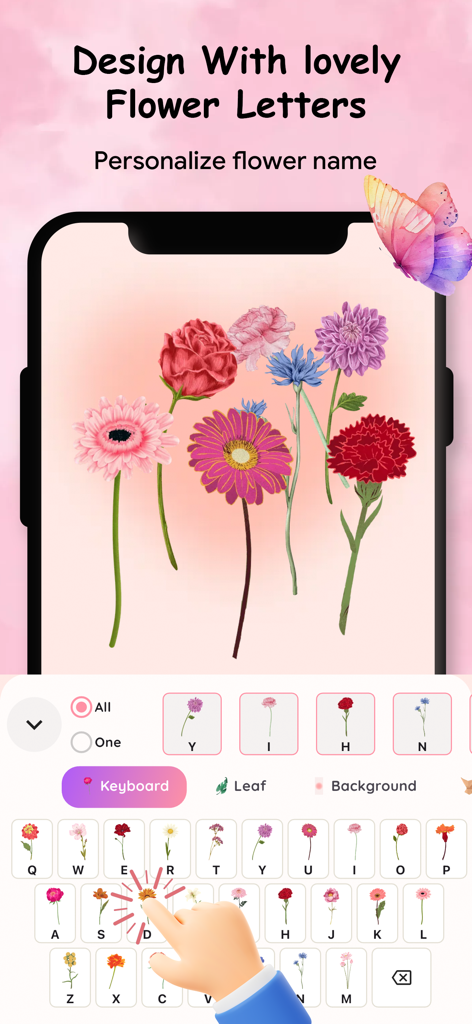 Flower Name: DIY Wallpaper - Interface do aplicativo móvel Flower Name mostrando um teclado com letras de flores para criar buquês digitais personalizados para papéis de parede customizados.
