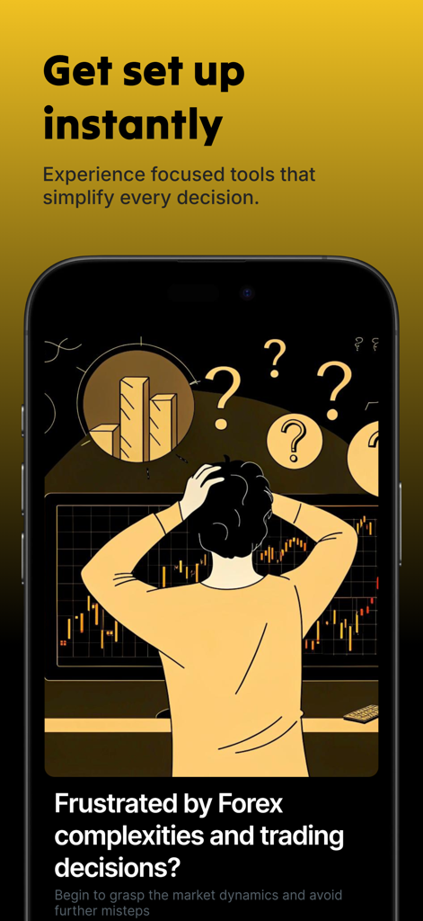 ForexView - Schermata dell'app mobile ForexView che mostra l'illustrazione di un trader frustrato davanti a grafici complessi con testo sulla semplificazione delle decisioni di mercato.