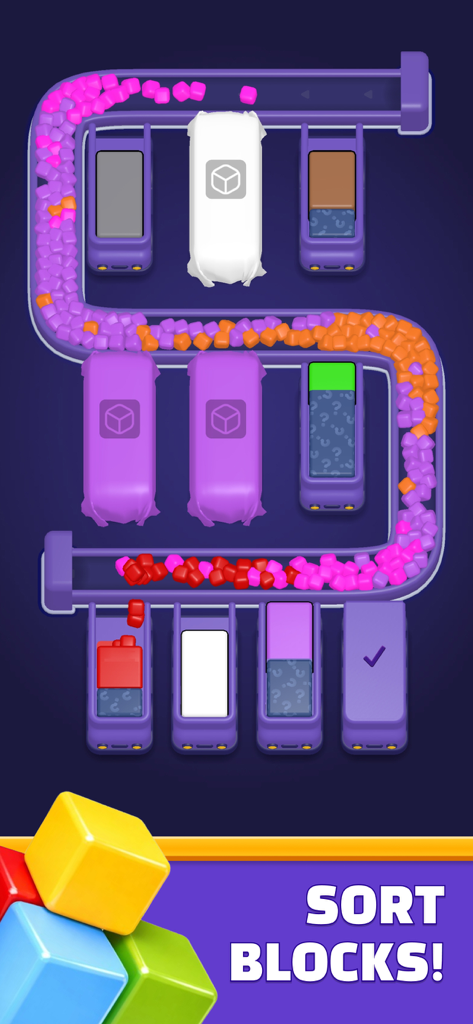 Loop Sort - A mobile puzzle game screen showing colorful blocks being sorted on a winding purple conveyor belt