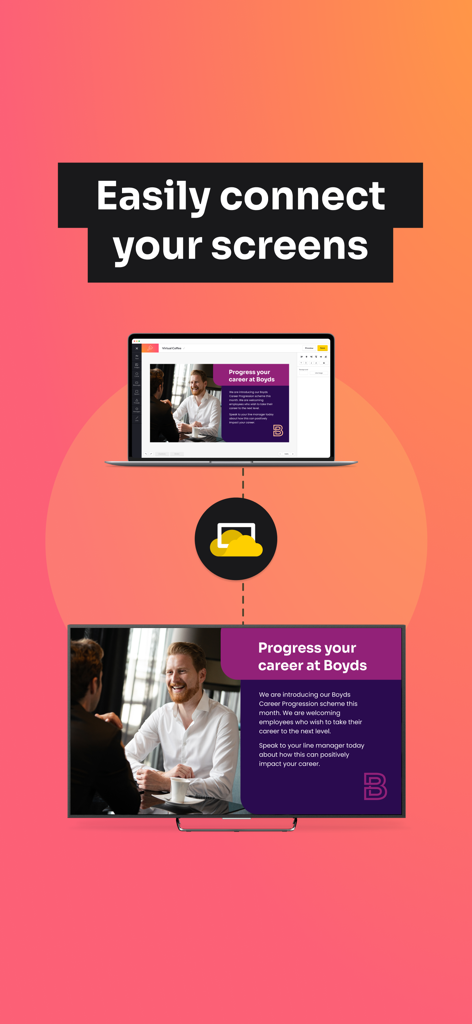 ScreenCloud Player - ScreenCloud Player app interface showing a laptop connecting content to a television screen for digital signage display