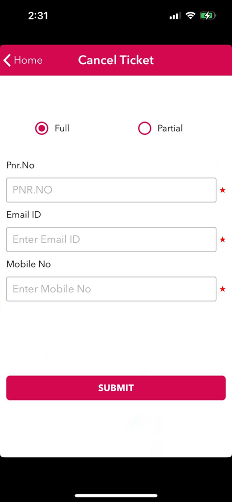 TNSTC - Interface of the TNSTC app to cancel a bus ticket with fields for PNR number, email ID, and mobile number