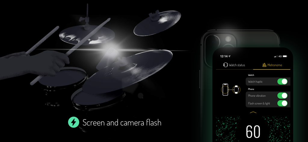 A drummer practicing with the haptik app using the screen and camera flash metronome feature