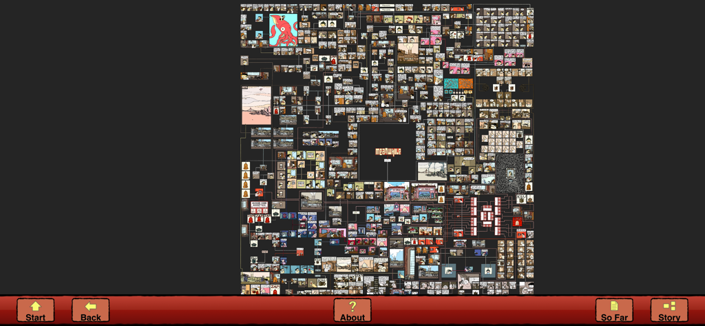 Meanwhile 인터랙티브 코믹의 복잡한 분기 스토리 맵 및 패널의 조감도.