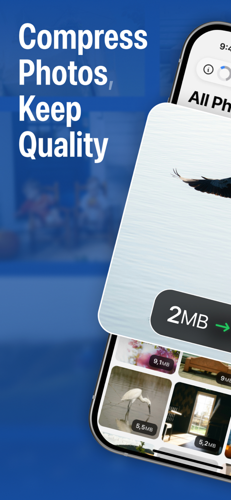 사진 최적화 앱 스크린샷으로, 품질을 유지하면서 사진을 압축하는 기능과 파일 크기 축소를 강조합니다.