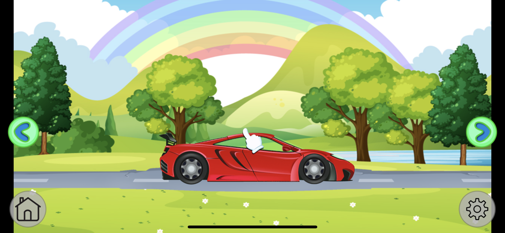 Car Wash Learning Unlocked - Um carro esportivo vermelho em uma paisagem de desenho animado com um arco-íris