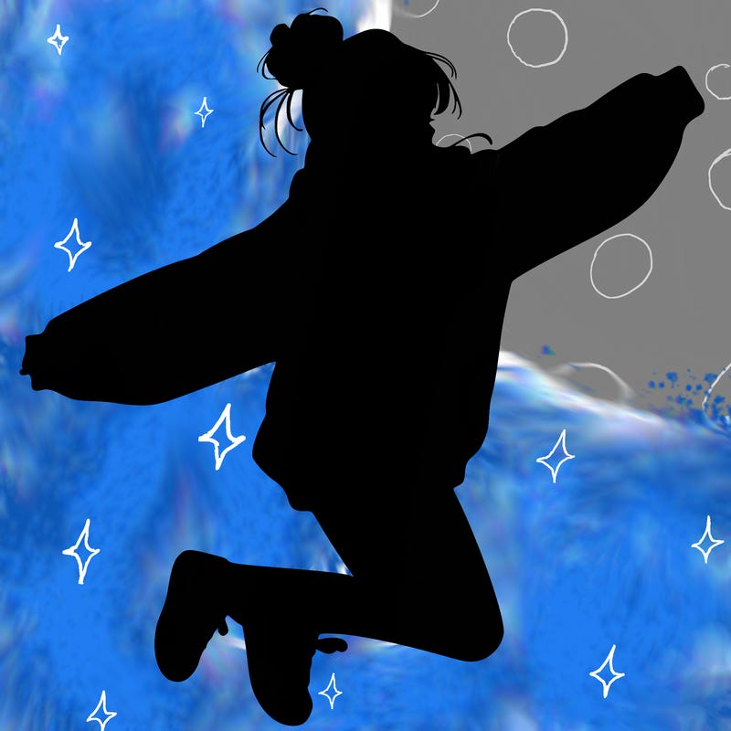 realistic girl jumping with a bun and oversized sweatshirt