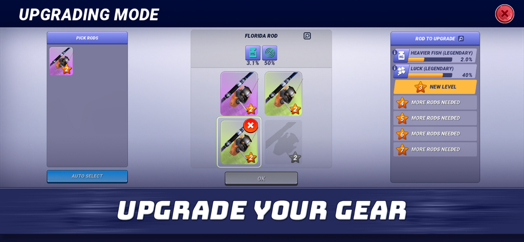 Interface of Fishing Clash showing the upgrading mode for a Florida fishing rod to improve stats like luck and fish weight
