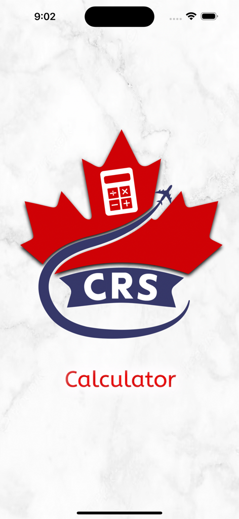CRS Score Calculator - Canada - Startbildschirm der CRS Score Calculator App für die kanadische Einwanderung mit einem roten Ahornblattlogo und einem Taschenrechner-Symbol.