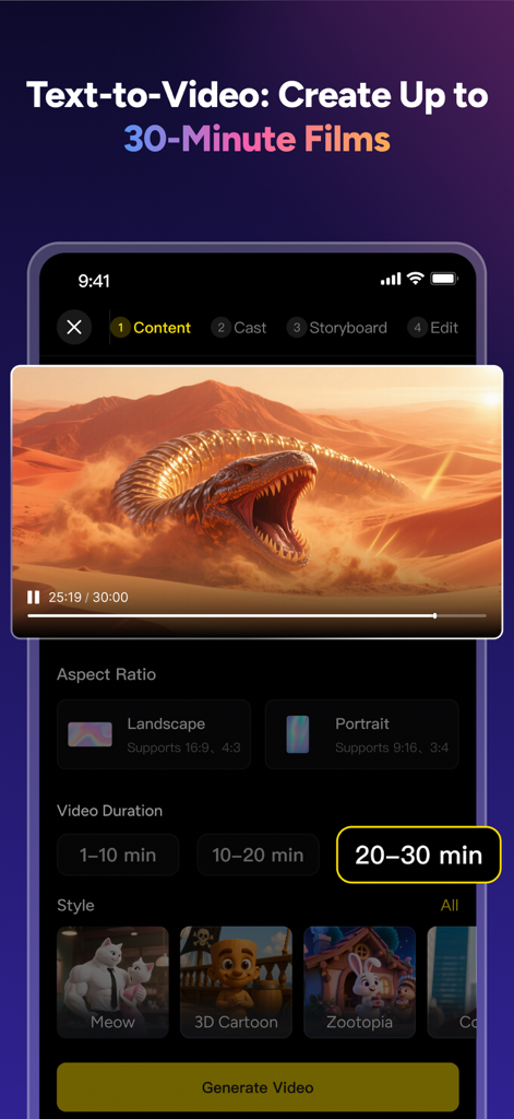 Interface of the MagicLight app showing settings to create a 30-minute long AI video with different animation styles.