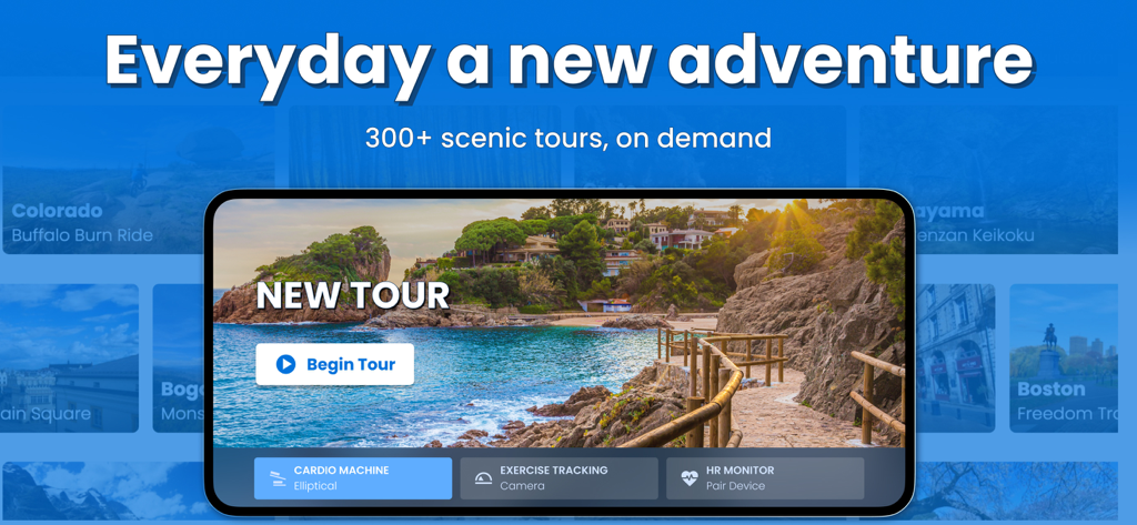 BitGym app interface showing a scenic coastal tour with camera based tracking and elliptical cardio machine settings