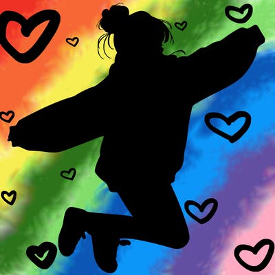 realistic girl jumping with a bun and oversized sweatshirt
