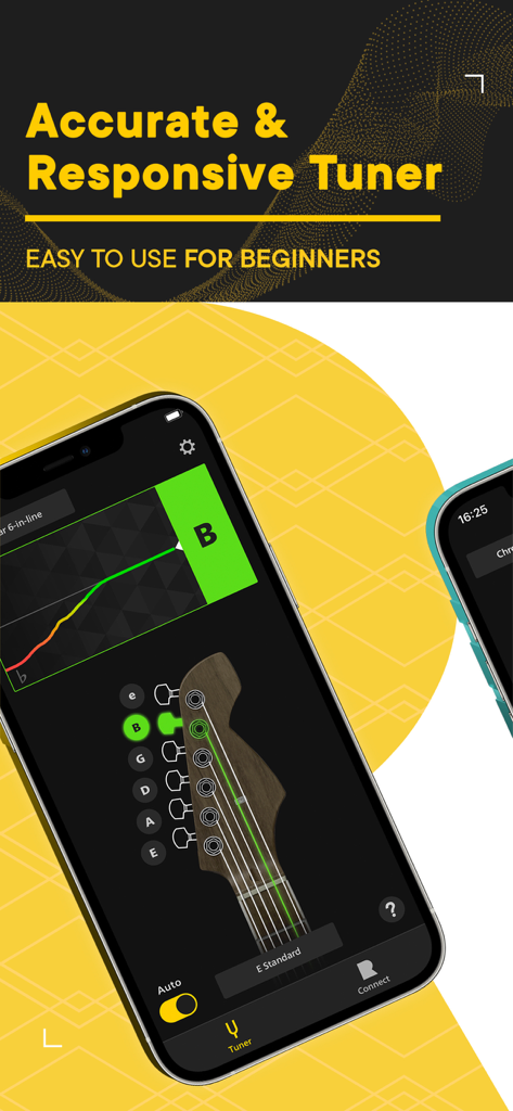 Rocksmith Tuner - Rocksmith Tuner app interface showing a guitar headstock and tuning meter for beginners.
