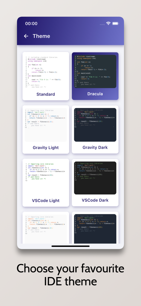 PHP Compiler - Run .php Code - Écran affichant divers thèmes d'éditeur comme Dracula et VSCode pour l'IDE mobile PHP.