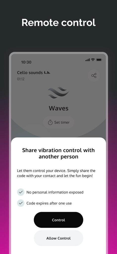 Remote vibration control sharing screen in the Strong Vibes app