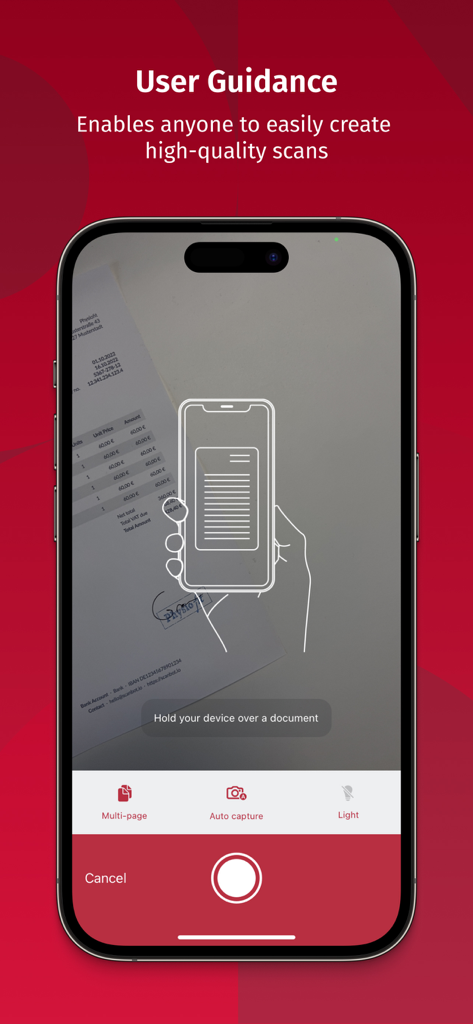 Scanbot SDK app interface showing user guidance for high quality document scanning