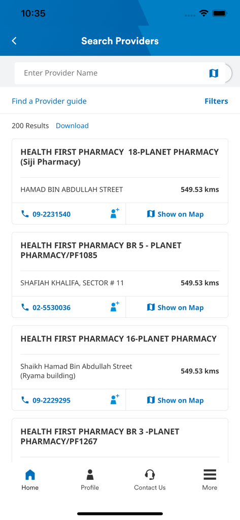 myMetLife Plus - User interface of the myMetLife Plus app showing a list of healthcare providers with location and contact details