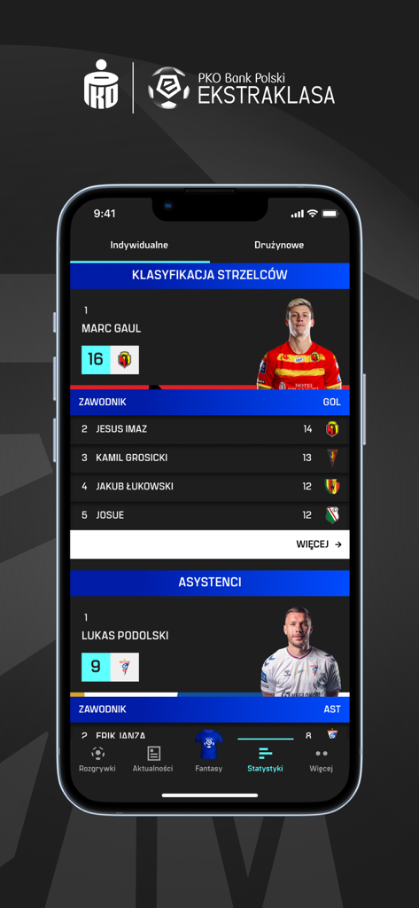 Aplicación móvil Ekstraklasa que muestra estadísticas individuales de jugadores por goles y asistencias