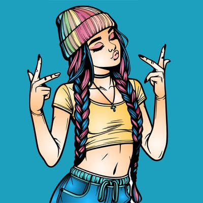 realistic teenage girl with braids and a beanie and crop top doing 🫶🏼