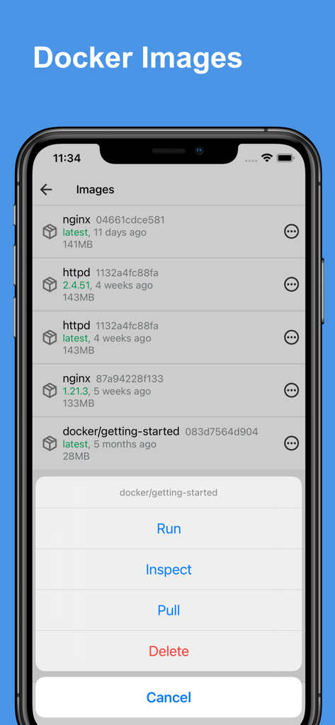 Docker Server Admin - Interface of the Docker Server Admin app showing a list of Docker images and a menu with options to Run Inspect Pull and Delete