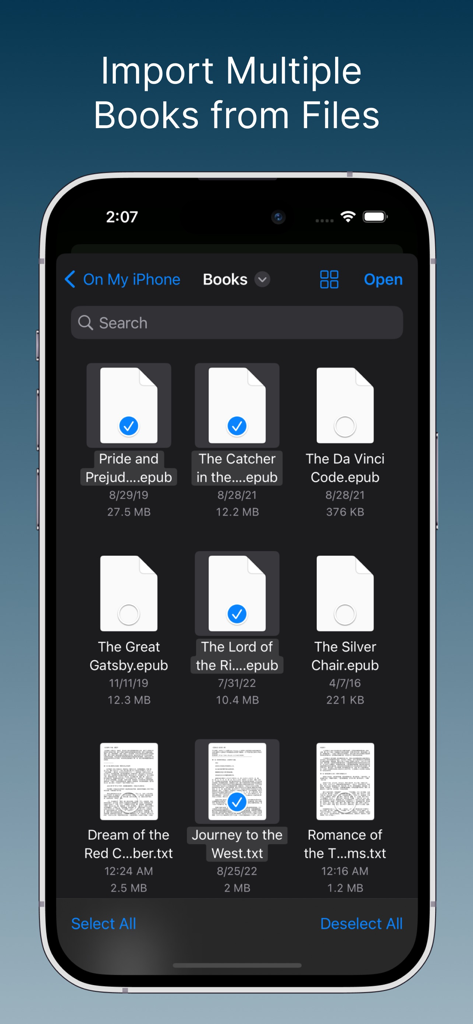Reader for Watch - iPhone interface showing multiple EPUB and TXT files being selected for import into the reading app