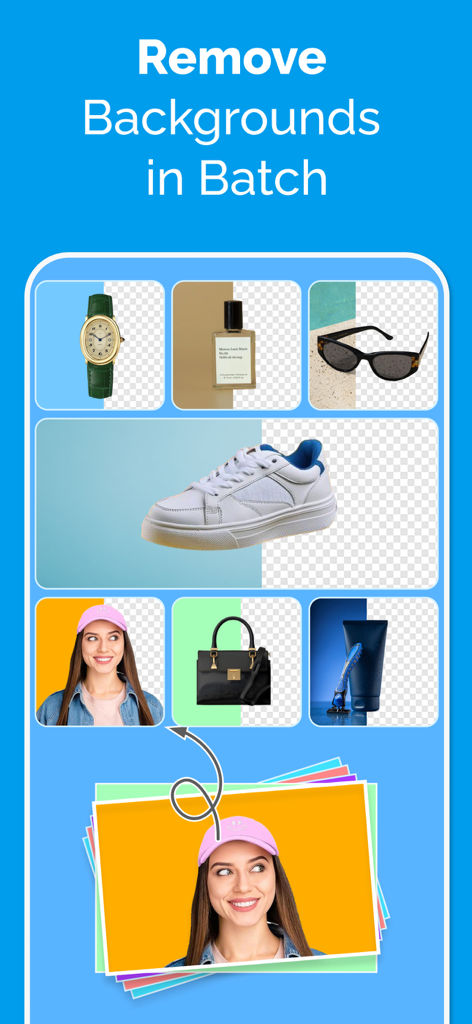 AI Art Photo Editor, GIF Maker - Ferramenta de IA mostrando várias fotos de produtos e retratos com fundos sendo removidos em lote