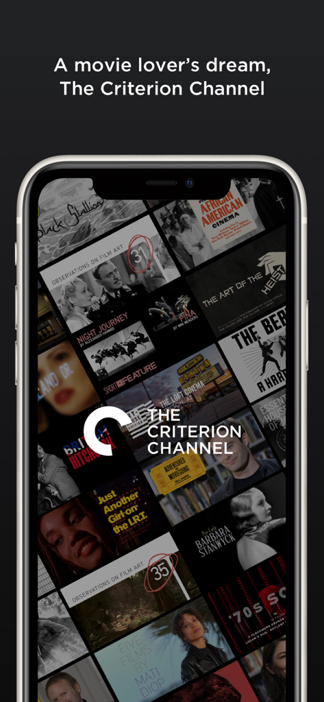 The Criterion Channel - A smartphone displaying the Criterion Channel app with a curated grid of classic and independent films