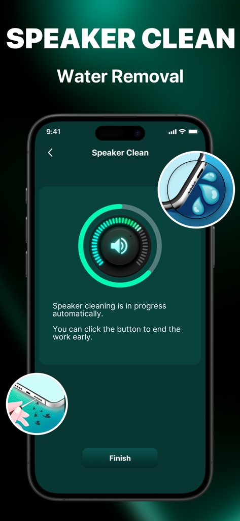 Pics Clean:Similar Photo Clean - Screenshot of the Speaker Clean and Water Removal feature within the Pics Clean app showing an automated cleaning progress screen.