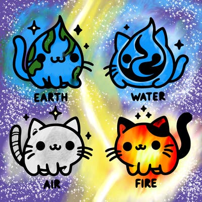 4 cats that represent the different elements, earth, water, air, and fire