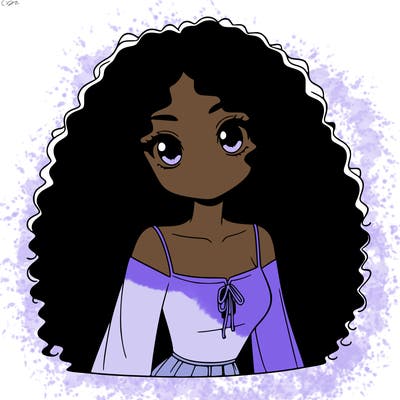 a black anime girl with long afro hair